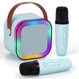 Set Karaoke cu Boxa Difuzor si 2 Microfoane Wireless, cu bluetooth, acumulator, bleu