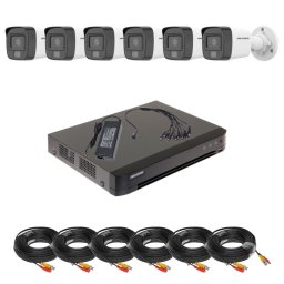 Sistem supraveghere analogic Turbo HD Hikvision,6 camere 5MP 3K pentru locuinte,magazine si depozite,Iluminare duala IR 25m si lumina alba 20m,Microfon incorporat,Detectie inteligenta AcuSense,DVR 8 canale,Cabluri 10m,Vizualizare de pe telefon