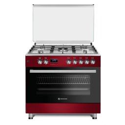 Aragaz mixt Novacook Exclusive Line 90, 5 arzatoare gaz, cuptor electric, WOK, rotisor, ghidaje telescopice, 90 cm, Rosu