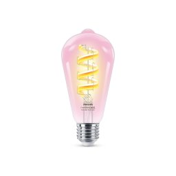 Bec LED RGB inteligent Philips Smart ST64, Wi-Fi/Bluetooth, E27, 6.3W (40W), 470lm, lumina alba si colorata (2200-6500K), clasa energetica G, transparent