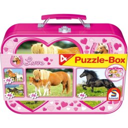 Puzzle Schmidt: Cai, Set de 2 x 26 piese si 2 x 48 piese + Bonus: cufar metalic