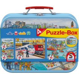 Puzzle Schmidt: Mijloace de transport, Set de 2 x 26 piese si 2 x 48 piese + Bonus: cufar metalic