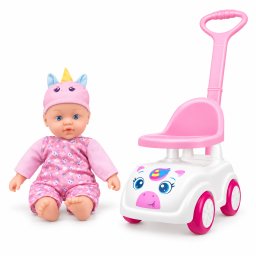 Bimbo baby micky – set 2 in 1 papusa 41 cm si masinuta de impins, 12+ luni