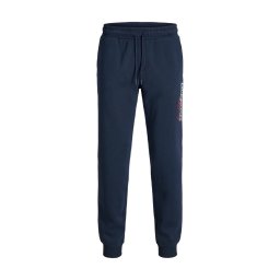 Jack & Jones Pantaloni de trening barbati, cu talie medie, Regular Fit, imprimeu cu logo, JPSTGORDON, Bleumarin inchis (SELECTATI MARIMEA: XS)
