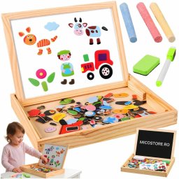 Tabla magnetica educativa cu puzzle animale, 108 piese, tabla dubla magnetica și creta, 3+ ani