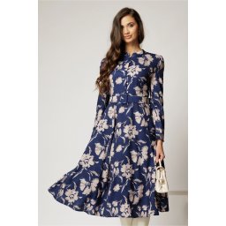 Rochie DY Fashion midi bleumarin cu imprimeuri eleganta cu nasturi si curea in talie