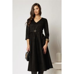Rochie DY Fashion midi neagra din piele intoarsa cu decolteu in V