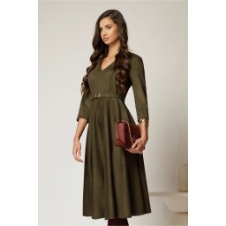 Rochie DY Fashion midi kaki din piele intoarsa cu decolteu in V