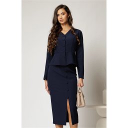 Compleu DY Fashion bleumarin format din sacou cu decolteu discret si fusta conica
