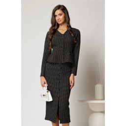 Compleu DY Fashion negru cu buline format din sacou cu decolteu discret si fusta conica