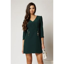 Rochie DY Fashion scurta verde cu decolteu V si nasturi decorativi pe fusta