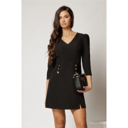 Rochie DY Fashion scurta neagra cu decolteu V si nasturi decorativi pe fusta