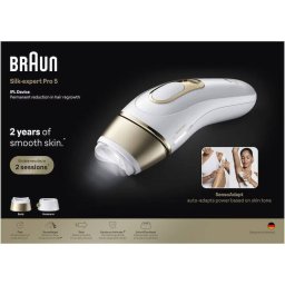 Epilator IPL Braun Silk-Expert Pro 5 PL5210 Senzor Skin Pro 2.0 400000 Impulsuri 10 Niveluri De Intensitate 2 Capete Trusa De Voiaj Alb/Auriu