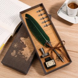 Set cadou Caligrafie Vintage cu Pana verde si Cerneala si Accesorii, 7 piese