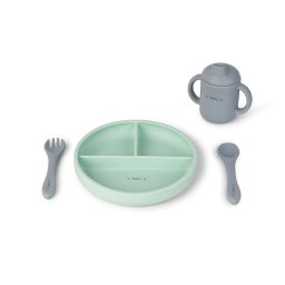 Set diversificare bebelusi, silicon alimentar premium, 4 piese, farfurie sectionata, lingurita, furculita, cana, Food and Fun, Mint