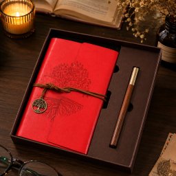 Set Cadou Vintage cu Jurnal si Pix, Copacul Vietii Rosu