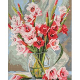 Set goblen cu diamante, cu sasiu, Gladiole roz, 40x50 cm