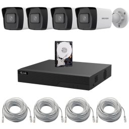 Sistem supraveghere video IP Hikvision 4 camere 4MP pentru casa si curte, IR 30m, Lentila 2.8mm, NVR HiLook 4 canale PoE, HDD, Vizualizare de pe telefon