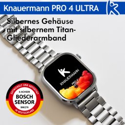 Ceas smartwatch Knauermann PRO 4 ULTRA BT, AMOLED 1.95 inch, GPS, EKG, detectare caderi, bratara Titan, Argintiu