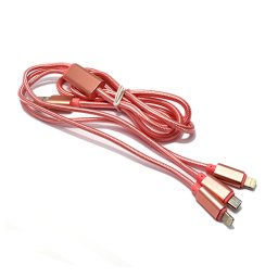 USB data kabal safe&quick charge 3in1 (2x Iphone lightning + 1x micro) roze