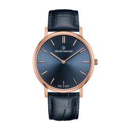 Muški claude bernard classic two hands plavi roze zlatni elegantni ručni sat sa teget kožnim kaišem ( 20214 37r buir )