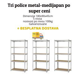 Tri police po super ceni metal-medijapan 180x90x45cm, 5x100kg