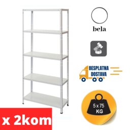 Komplet dve police metal-metal 170x75x30cm, 5x75kg, Bela
