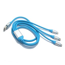 USB data kabal RUBBER 3in1 (micro/Iphone lightning/type C) plavi