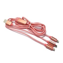 USB data kabal safe&quick charge 3in1 (2x micro + 1x Iphone lightning) roze
