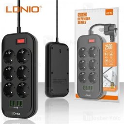 Produžni kabl 6R/2m + 4xUSB crni, LDNIO