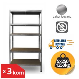 Komplet od 3 police metal-medijapan 213x120x45cm 5x250kg