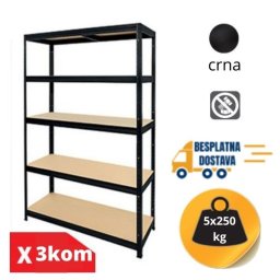 Komplet od Tri police metal-medijapan 180x120x45cm, 5x250kg Mat crna