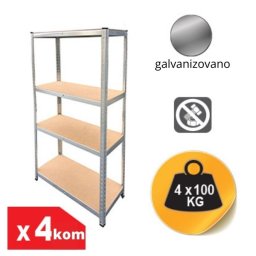 Komplet od 4 police metal-medijapan 172x75x30cm, 4x100kg