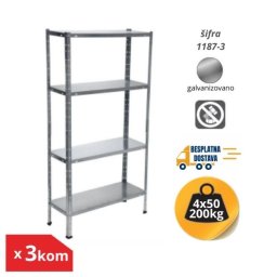 Komplet od 3 police metal-metal 150x75x30cm 4x50kg