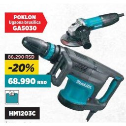 Elektro-pneumatski čekić za štemovanje Makita HM1203C, SDS-max + poklon ugaona brusilica GA5030 u koferu