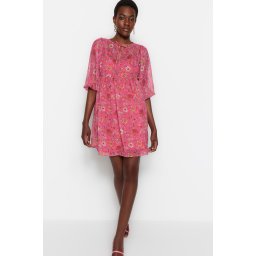 Trendyol Pink Straight Cut Mini Woven Lined Floral Woven Dress