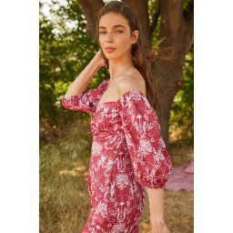Trendyol Burgundy Straight Cut Mini Cotton Heart Neck Patterned Woven Dress