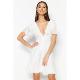 Trendyol Bridal Ecru A-Line Lined Lace Woven Chiffon Short Evening Dress