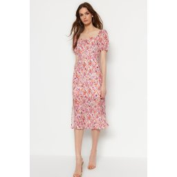 Trendyol Pink Patterned A-line Square Collar Slit Midi Lined Chiffon Woven Dress