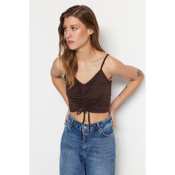 Trendyol Brown Knitted Blouse with Shirring Detail, Fitted/Skinned V-Neck and Crop