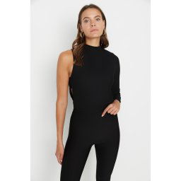 Trendyol Black Standing Collar With Cutout Detail Single Sleeve Ribbed Flexible Knitted Snap Button Body