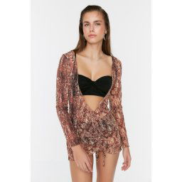 Trendyol Abstract Patterned Bodycon Mini Knitted Pleated Transparent Beach Dress