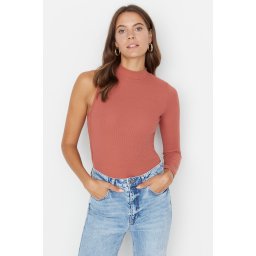 Trendyol Cinnamon Stand Collar Cutout Detail Single Sleeve Ribbed Flexible Knitted Snap Button Body