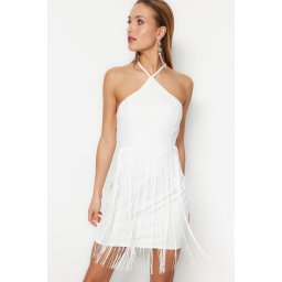 Trendyol Ecru Fitted Lined Tasseled Woven Short Wedding/Wedding Elegant Evening Dress