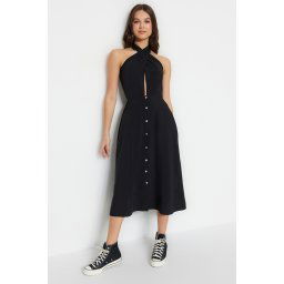 Trendyol Black Waist Buttoned Collar Detailed Midi Woven Dress