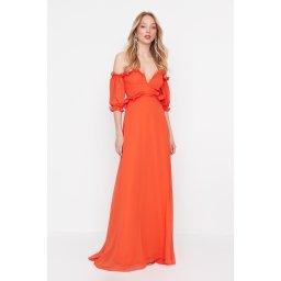 Trendyol Pomegranate Flower A-Cut Lined Woven Chiffon Long Elegant Evening Dress