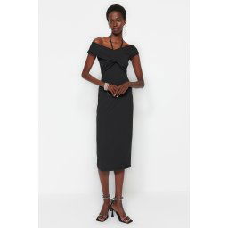 Trendyol Black Fitted Window/Cut Knitted Out Detailed Elegant Evening Dress
