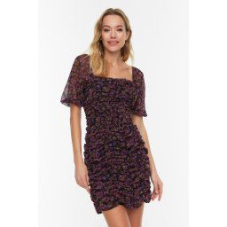 Trendyol Black Floral Fitted/Body-Hugging Drape Detail Chiffon Mini Lined Woven Dress