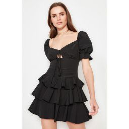 Trendyol Black A-Cut Flounced Woven Poplin Short Elegant Evening Dress