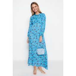 Trendyol Blue Floral Pattern Coated Button Detailed 100% Viscose Woven Dress